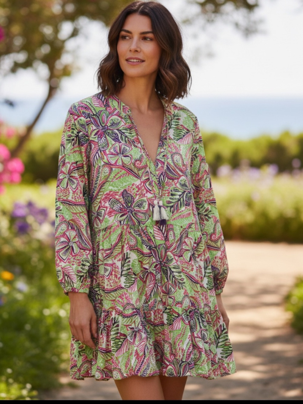 Stella Parker Floral V-Neck Midi Dress in Pink & Green
